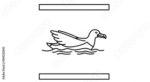 Minimalist black outline illustration of a waterfowl gracefully floating on water in a calm pond