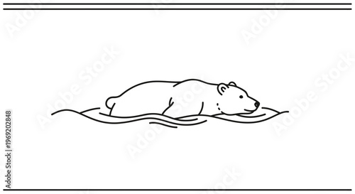 Minimalist line art illustration of a bear swimming gracefully in tranquil water depicting serene