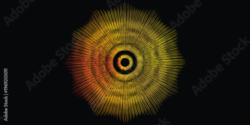 Abstract radial sunburst graphic design with orange and yellow gradient lines radiating from a central circular core in a dark void