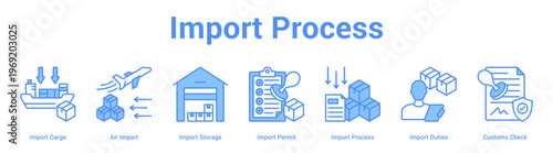 Import Process web banner icon set vector illustration concept for business with icon of Import Cargo, Air Import, Import Storage, Import Permit, Import Process, Import Duti.