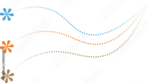 Colorful dotted lines connecting stylized flowers with transparent background for creative design projects