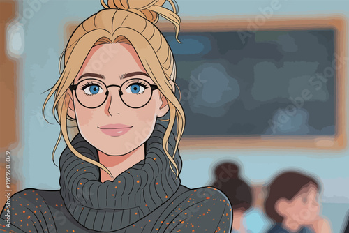 Young woman with glasses and a bun smiles in a classroom during a lesson in a school setting in daylight