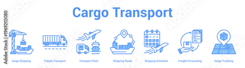 Cargo Transport web banner icon set vector illustration concept for business with icon of Cargo Shipping, Freight Transport, Transport Fleet, Shipping Route, Shipping Schedule, Freight Forwardi.