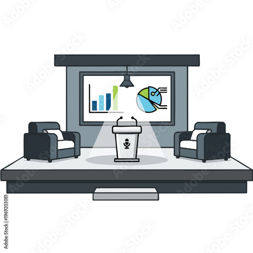Stage with podium, chairs, and screen displaying charts