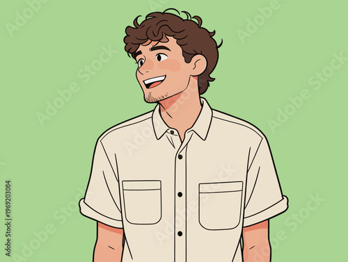 Young man smiles and stands in front of a green background while wearing a light shirt and enjoying a casual moment