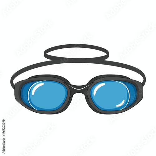 Black swim goggles with bright blue lenses and a dark strap are shown