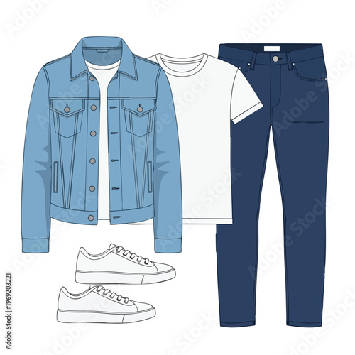 Denim jacket, white tee, jeans, and two white sneakers