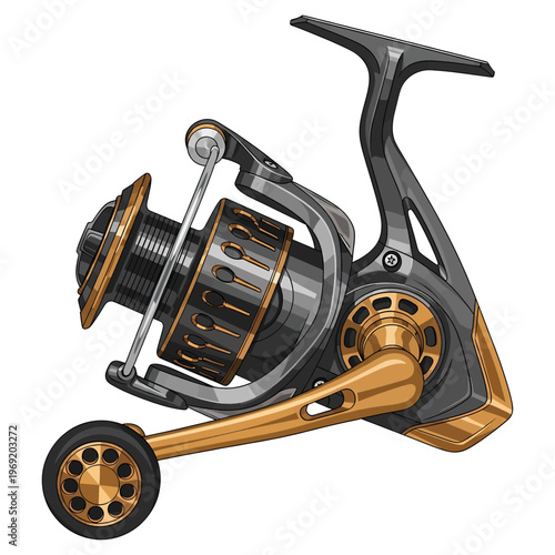 Fishing reel spinning vector, detailed tackle with gold and gunmetal grey finishes on isolated white.