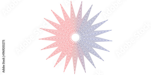 Intricate radial geometric starburst design with gradient red to blue lines on a white background symbolizing energy and dynamism