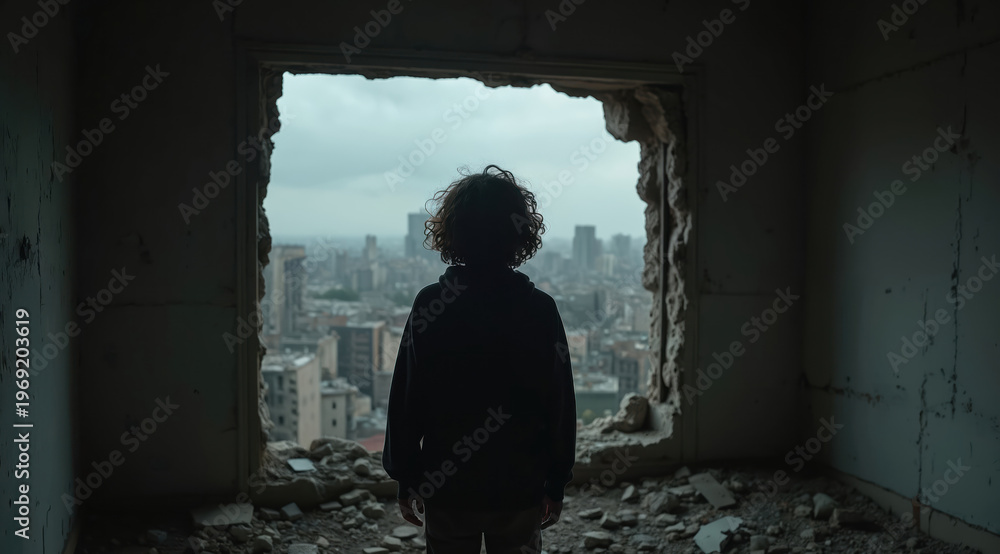 Obraz premium Child in hoodie gazes from broken window of ruined room at city buildings. Debris litters floor, gray overcast sky above. Evokes feelings of isolation, loss, and a fragile future ahead.