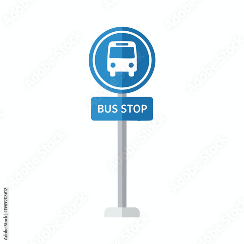 Blue bus stop sign with bus icon and text against white background