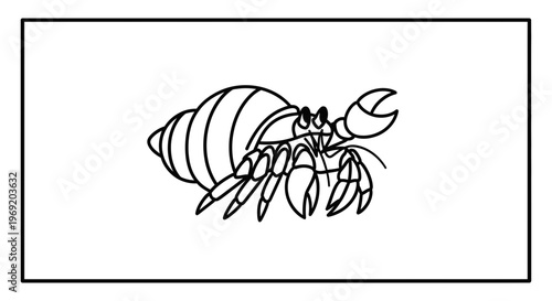 Charming black outline drawing capturing a delightful hermit crab peeking from its cozy spiral