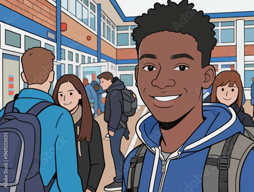 Students socialize and attend classes in a school courtyard during the afternoon in a busy educational setting