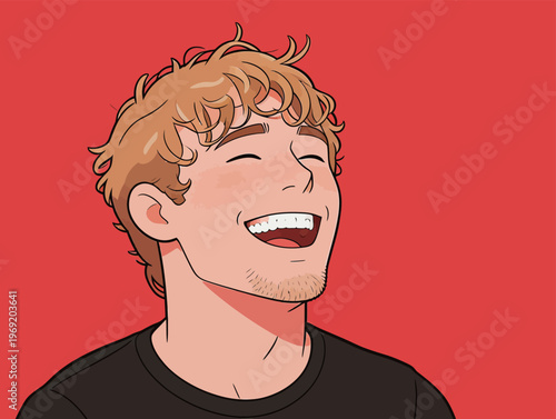 Young man smiles while looking happy against a plain red background in a casual setting