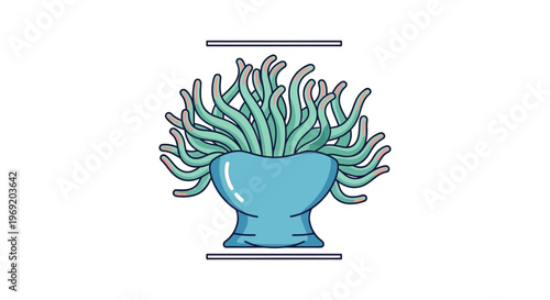 Vibrant blue sea anemone illustration with flowing teal tentacles on a clean white background
