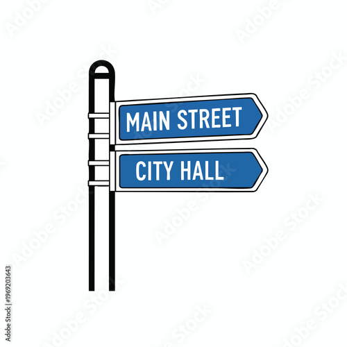Blue directional signs point to Main Street and City Hall on a black post