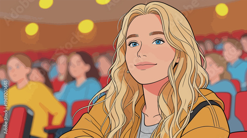 Young woman smiles while sitting in a crowded auditorium during a school event with many students around her