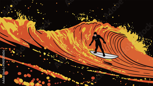 Surfer rides a large wave in a bold graphic style at sunset during summer