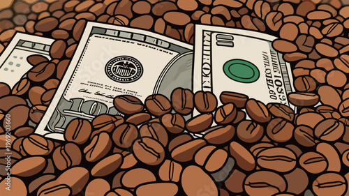 Money and coffee beans blend together in a unique visual display showing currency among the backdrop of roasted coffee