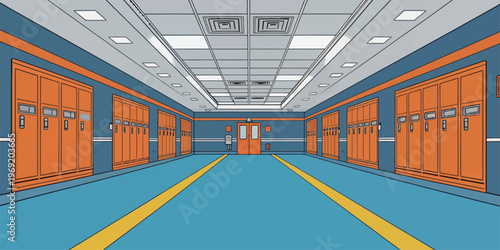 Bright corridor with lockers and doors in a school setting during daytime