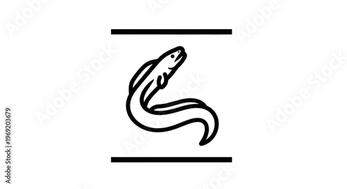 Minimalist Black and White Line Art Illustration of an Eel with Framing Lines