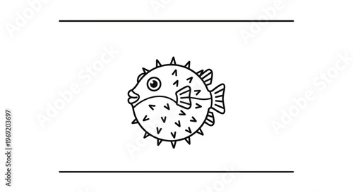 Charming line art illustration of an adorable spiky puffer fish swimming gracefully