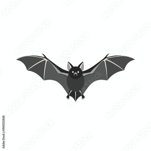 A stylized dark gray bat with wide spread wings and white eyes hovers