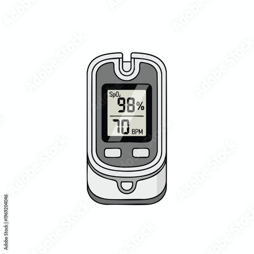 Digital pulse oximeter displays 98% SpO2 and 70 BPM on screen
