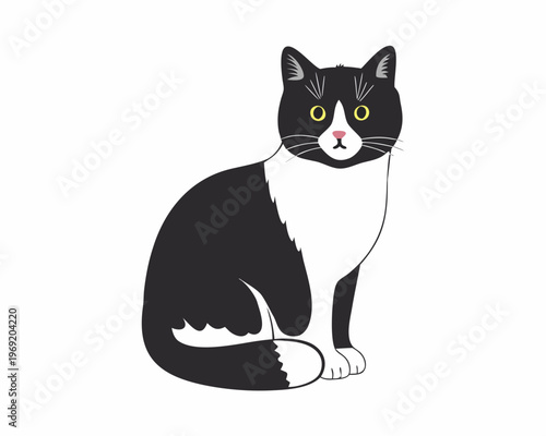 A charming illustration of a black and white tuxedo cat sitting calmly