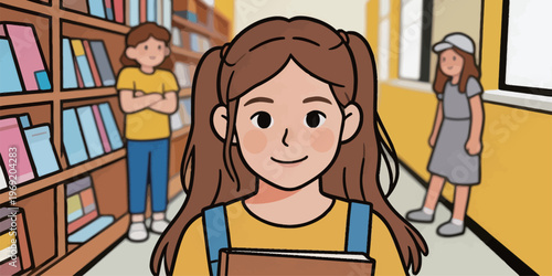 Girl holds a book while standing in a library with two other children nearby during daytime activities