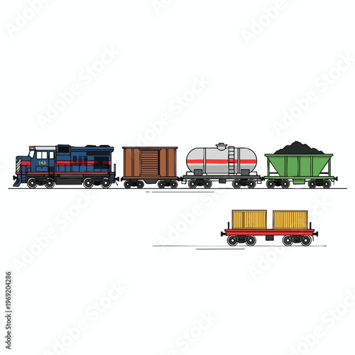 A cartoon train with engine, boxcar, tanker, coal car, and flatcar with cargo