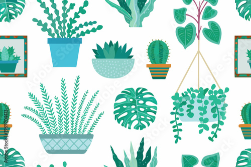 Stylized pattern featuring various potted houseplants and tropical foliage