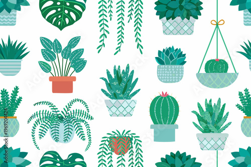 A colorful repeating pattern of various potted indoor plants and foliage