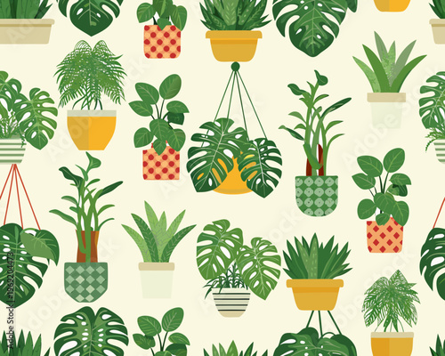 Seamless pattern with various potted houseplants and hanging plants