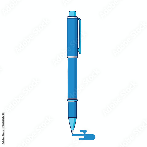 A blue pen is drawing a puddle of blue ink on a white background