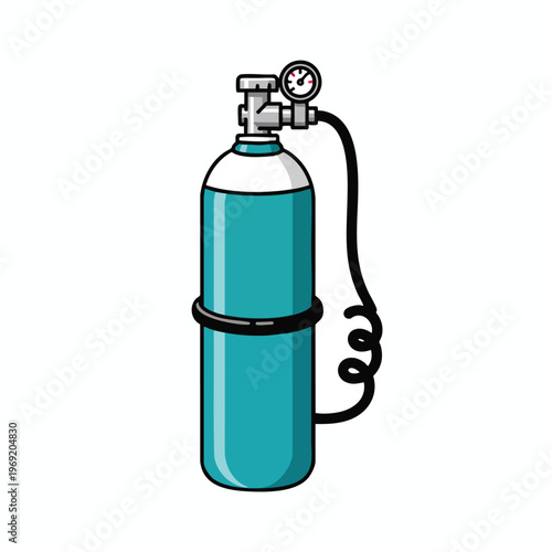 Teal cylinder with pressure gauge and coiled hose