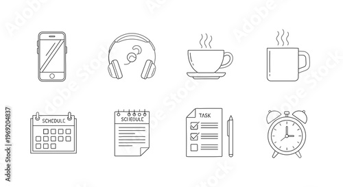 Collection of Outline Icons Representing Daily Life and Productivity Elements