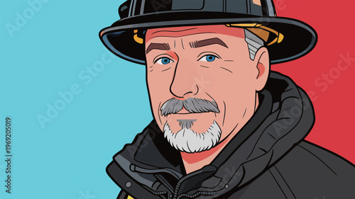 Firefighter portrait shows a man with a helmet and a serious expression looking at the viewer with a blue and red background