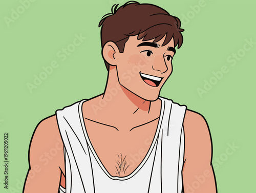 Young man smiling with short brown hair in a sleeveless shirt against a green background, showing a cheerful mood in a casual setting