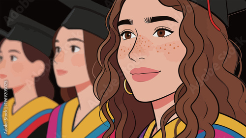 Graduation ceremony with students wearing caps and gowns during the event in a large auditorium celebrating their achievements