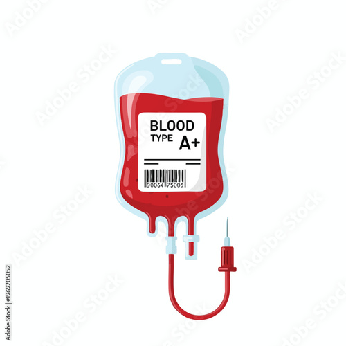 A blood bag labeled 'BLOOD TYPE A+' filled with red liquid, attached to tubing and a needle