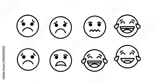 Set of face emojis with different emotions, from sad to happy laughter
