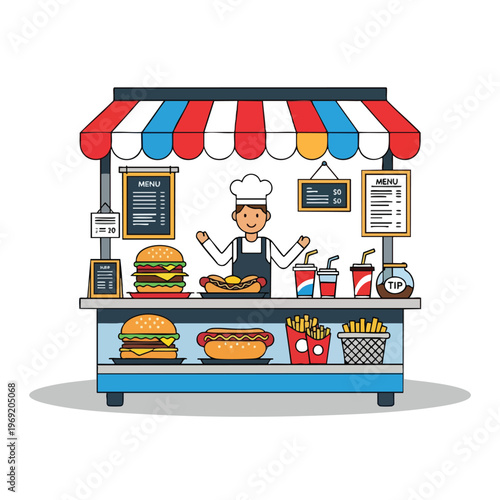 A food cart vendor smiles behind a colorful striped awning, serving burgers and hot dogs