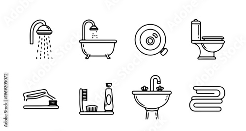 Comprehensive Set of Outline Icons for Bathroom Accessories, Plumbing, and Personal Grooming Essentials