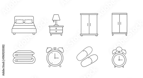 Collection of Modern Minimalist Bedroom and Sleep Related Outline Icons for Home Comfort and Daily Routine