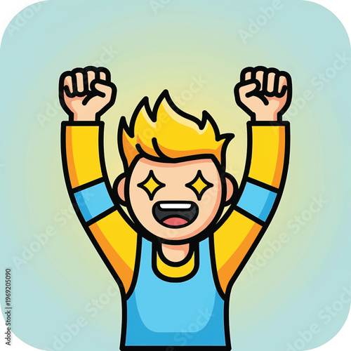 Cartoon boy celebrating with fists up.