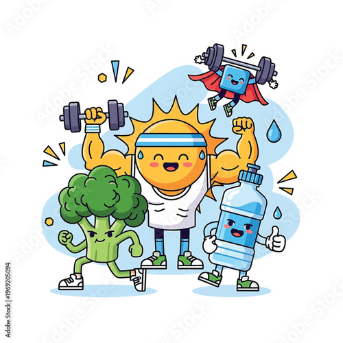 Cartoon broccoli character exercising happily.