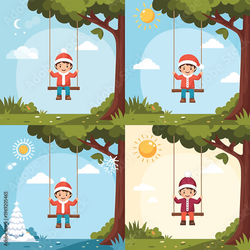 Cartoon kid on a swing set.