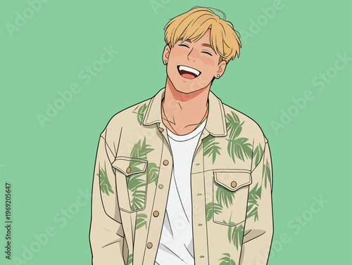 Smiling young man with blonde hair and casual attire stands against a solid green background during daytime