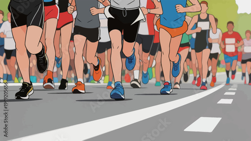 Runners participate in a community race event on a sunny day in a city park with a long road